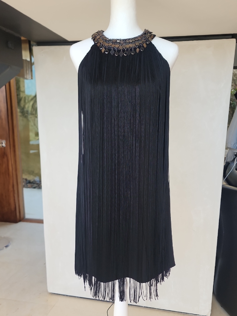 Muse Black Fringe Halter Dress with Beaded Collar